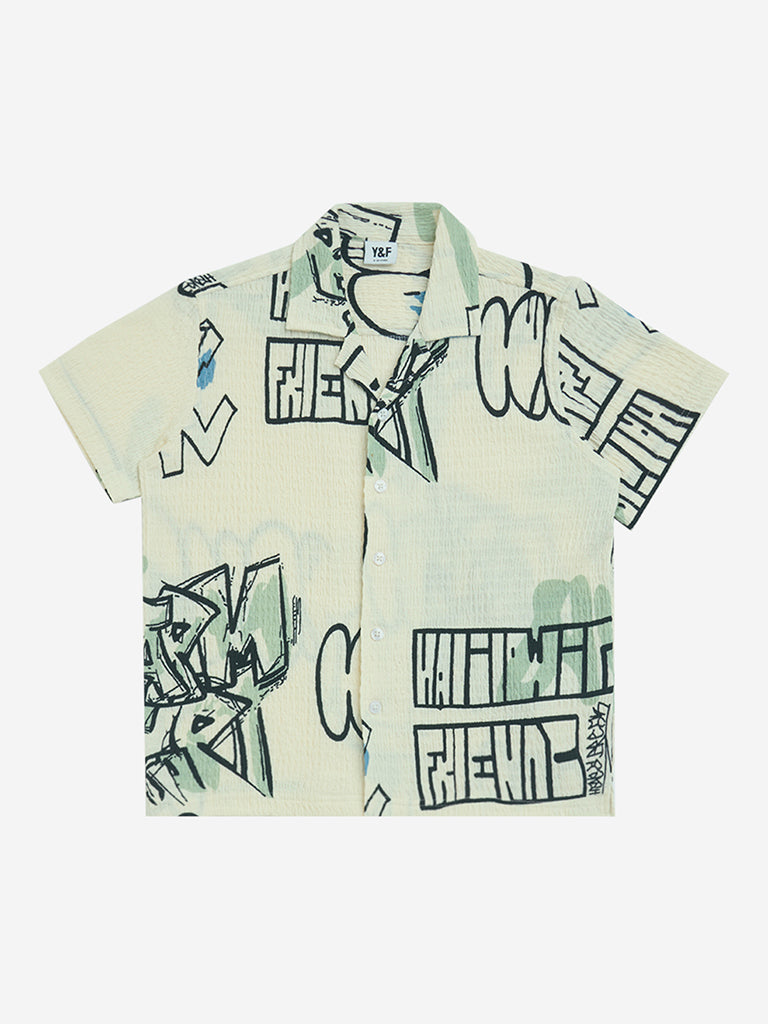 Y&F Kids Off-White Text Design Resort-Fit Shirt