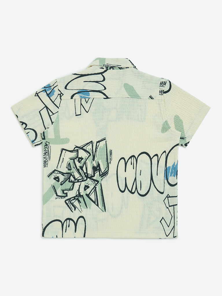 Y&F Kids Off-White Text Design Resort-Fit Shirt