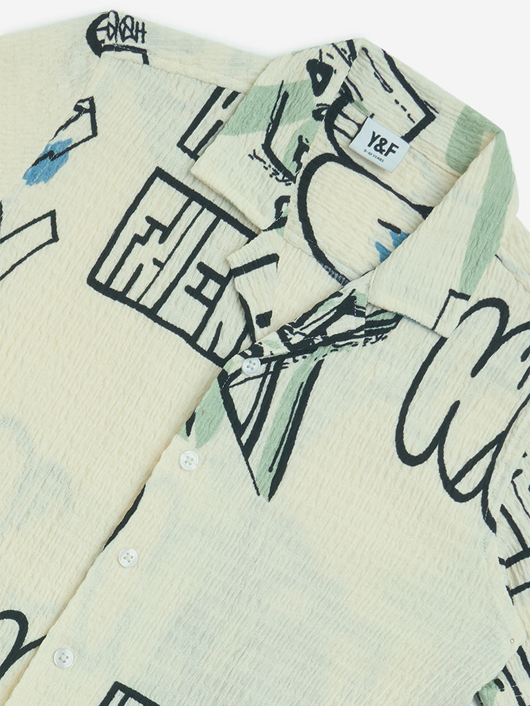 Y&F Kids Off-White Text Design Resort-Fit Shirt