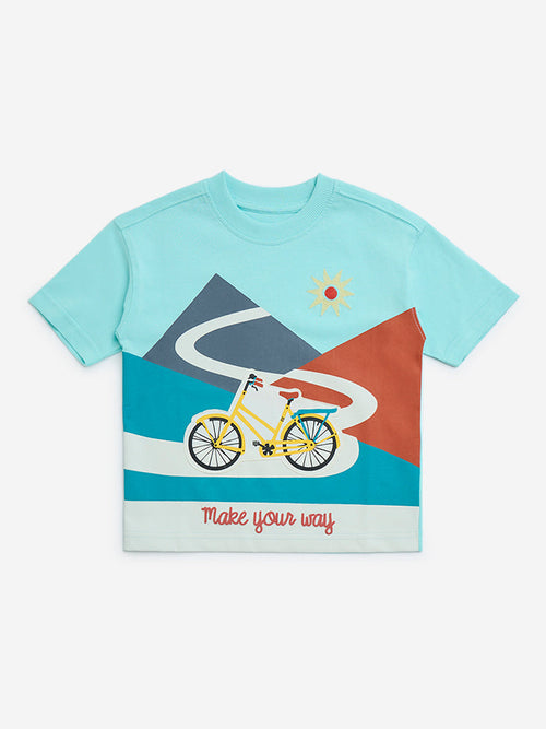 HOP Kids Aqua Printed Cotton T-Shirt