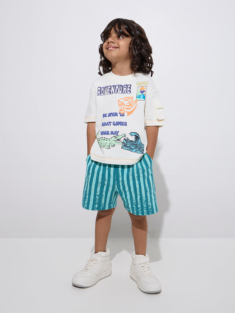 HOP Kids Teal Striped Mid-Rise Cotton Shorts