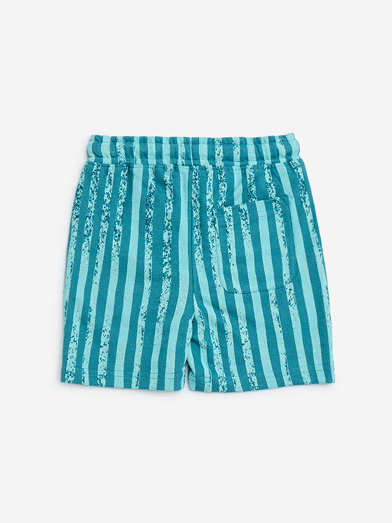 HOP Kids Teal Striped Mid-Rise Cotton Shorts