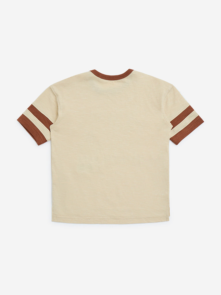 HOP Kids Beige Text Detailed Cotton T-Shirt