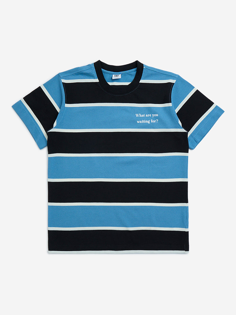 Y&F Kids Blue Striped Cotton-Blend T-Shirt