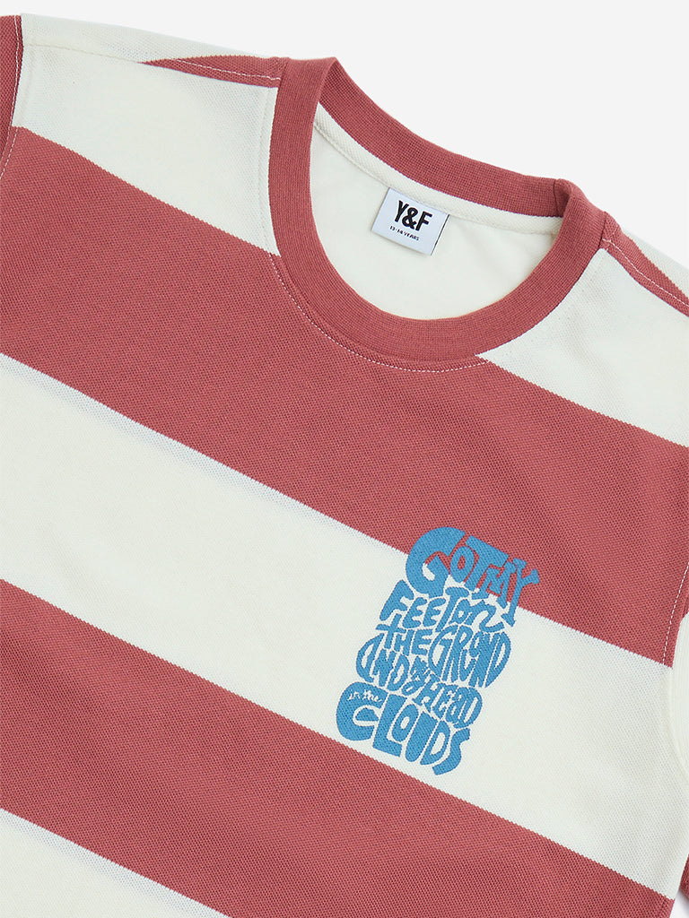 Y&F Kids Red Stripe Printed Cotton T-Shirt