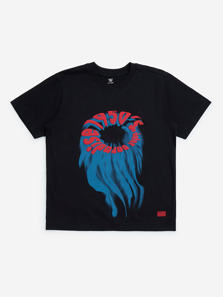 Y&F Kids Black Graphic Design Cotton T-Shirt
