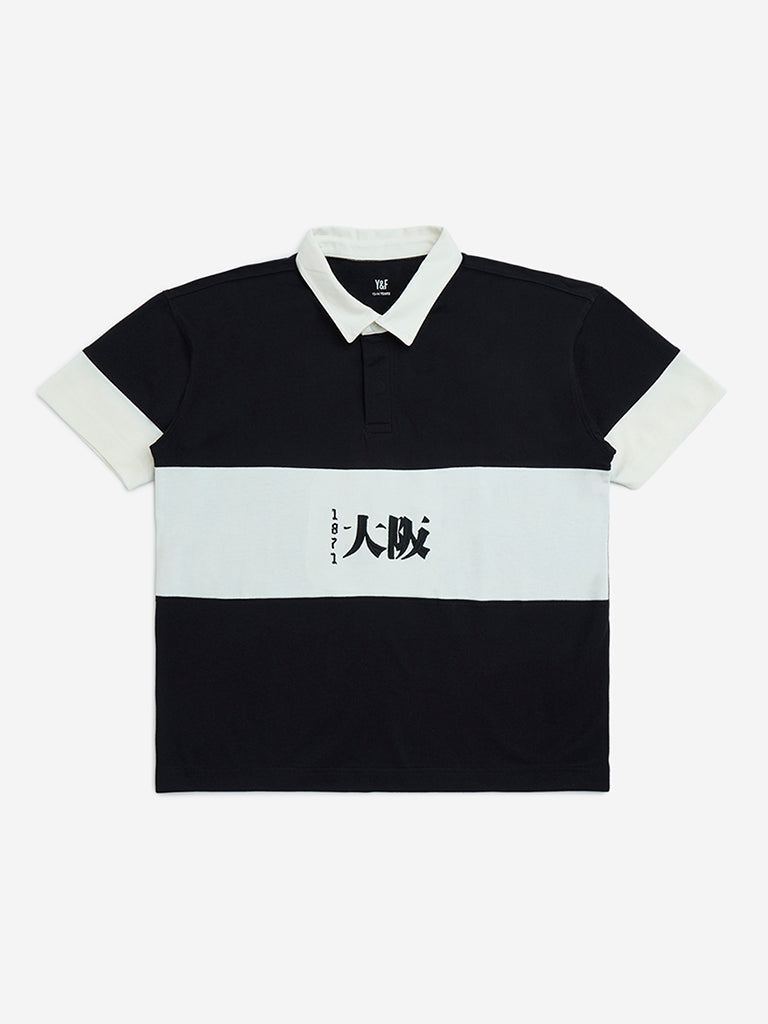 Y&F Kids Black Colour-Blocked Cotton Polo T-Shirt