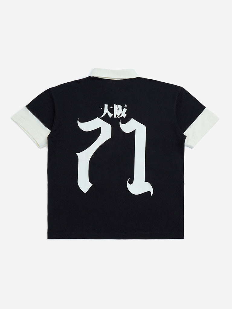 Y&F Kids Black Colour-Blocked Cotton Polo T-Shirt