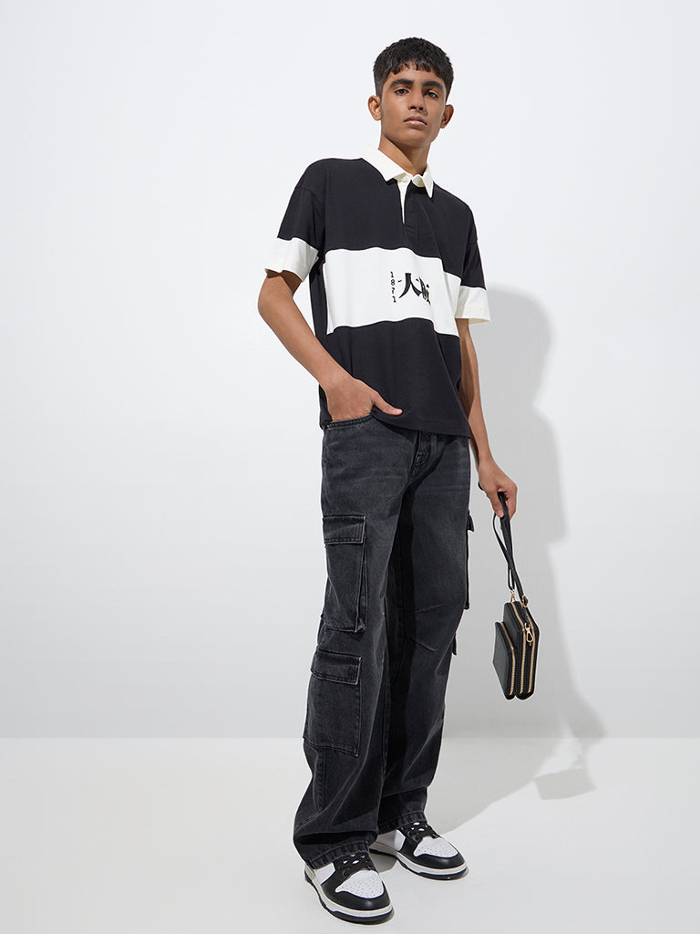 Y&F Kids Black Colour-Blocked Cotton Polo T-Shirt