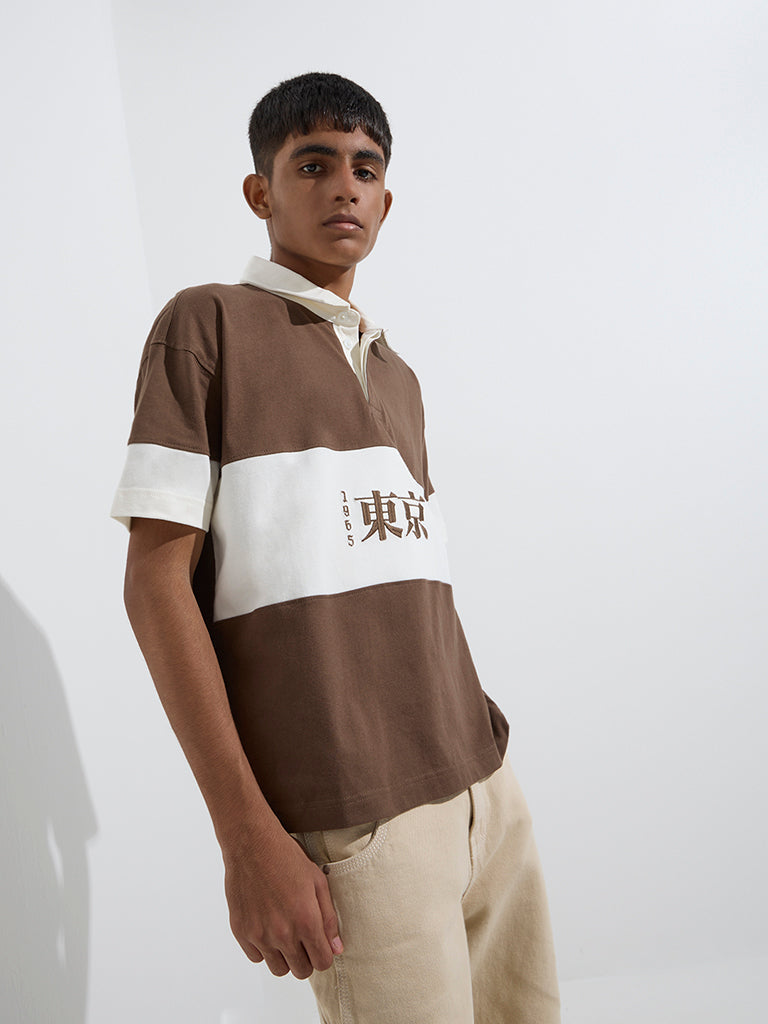 Y&F Kids Brown Colour-Blocked Cotton Polo T-Shirt