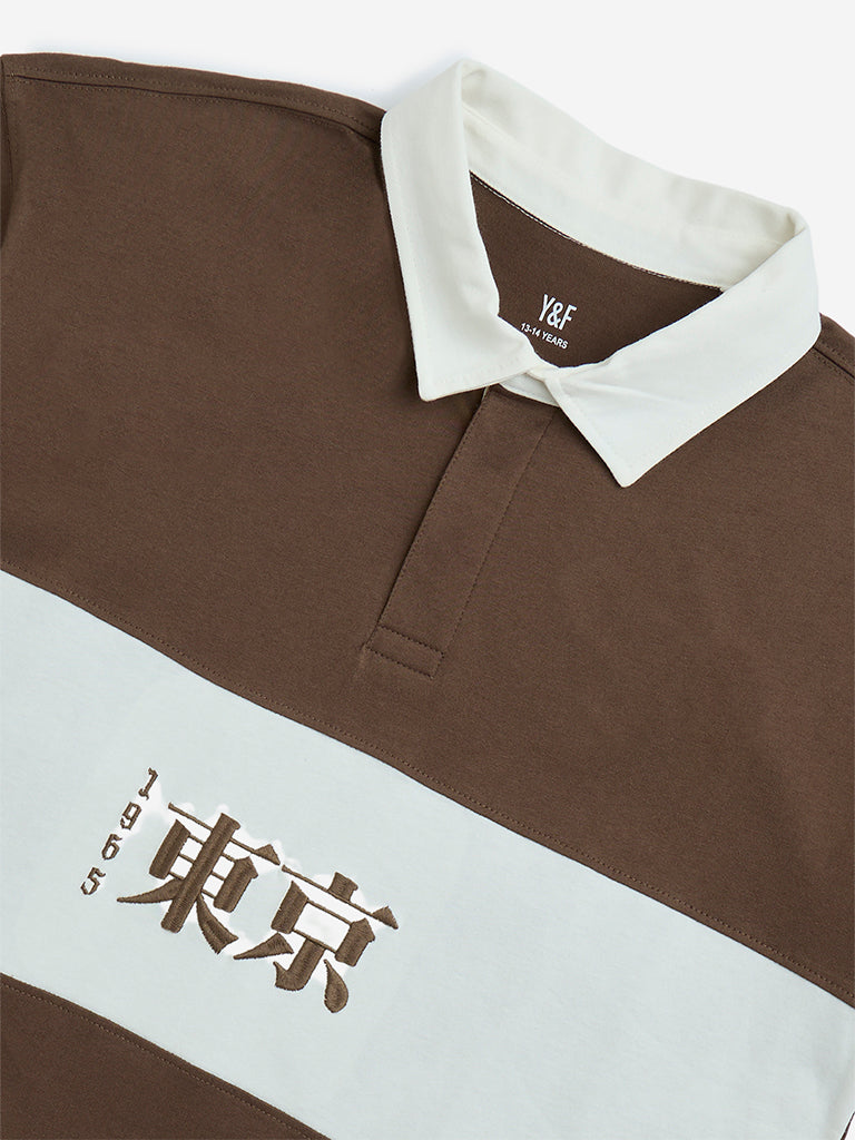 Y&F Kids Brown Colour-Blocked Cotton Polo T-Shirt