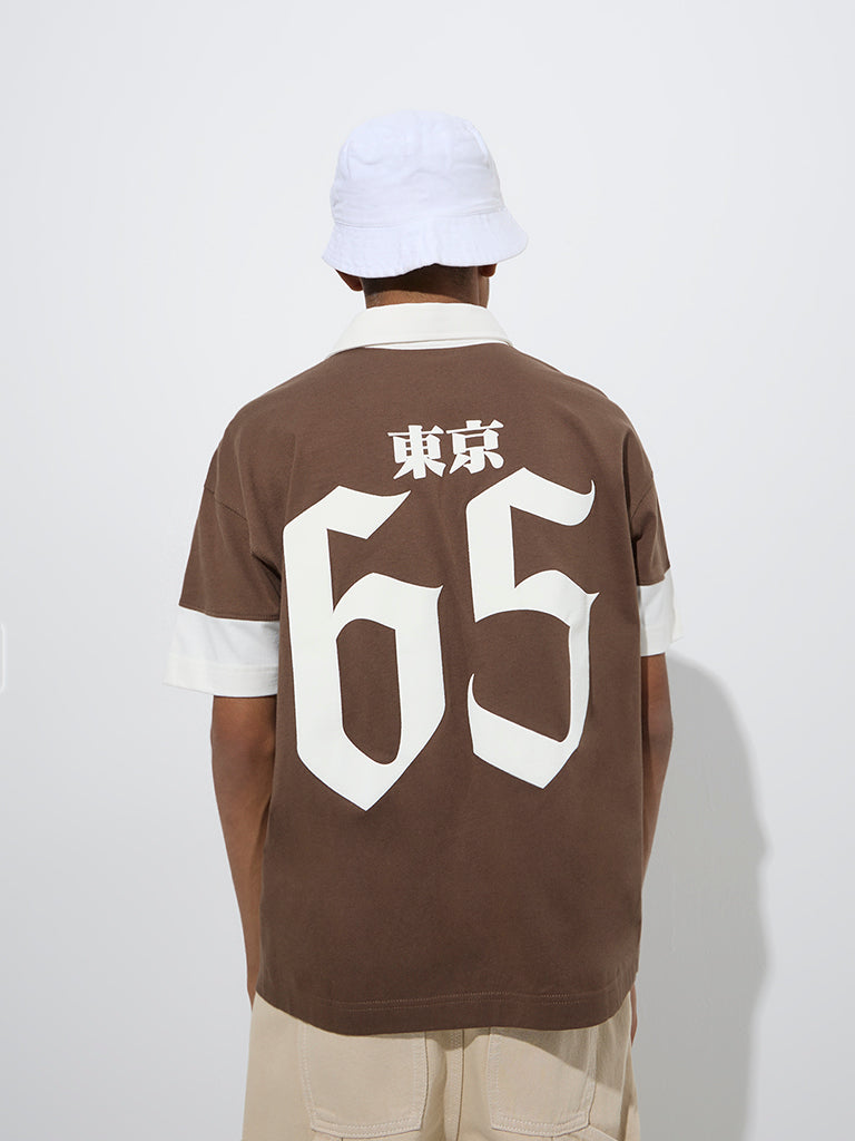 Y&F Kids Brown Colour-Blocked Cotton Polo T-Shirt