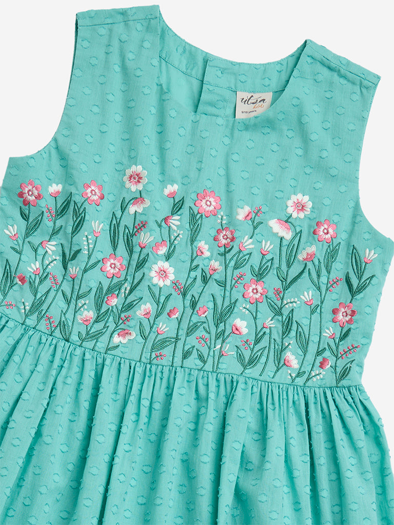 Utsa Kids Aqua Floral Cotton-Blend Tiered Dress - (8-14yrs)