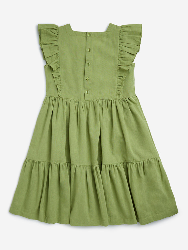 Utsa Kids Green Floral Embroidered Tiered Cotton-Blend Dress - (8-14yrs)