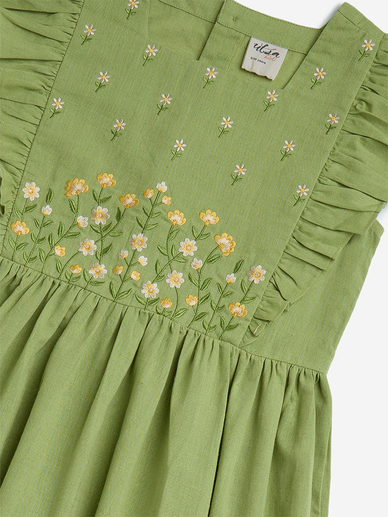 Utsa Kids Green Floral Embroidered Tiered Cotton-Blend Dress - (8-14yrs)