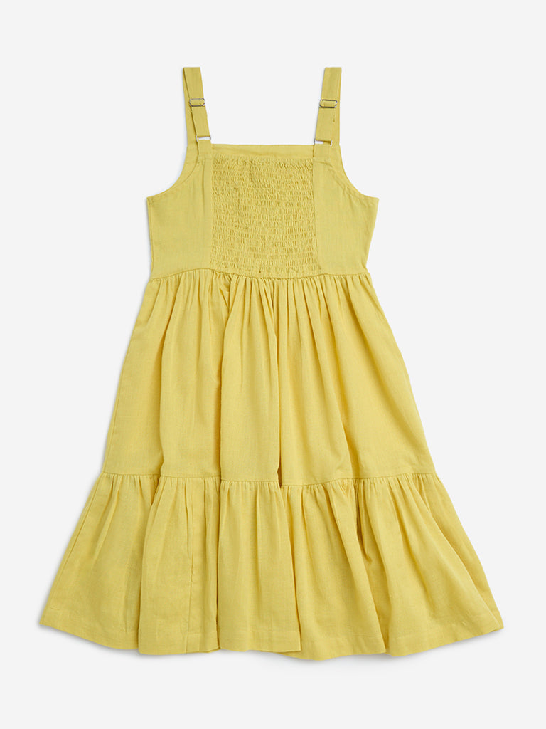 Utsa Kids Yellow Floral Embroidered Cotton-Blend Tiered Dress - (8-14yrs)