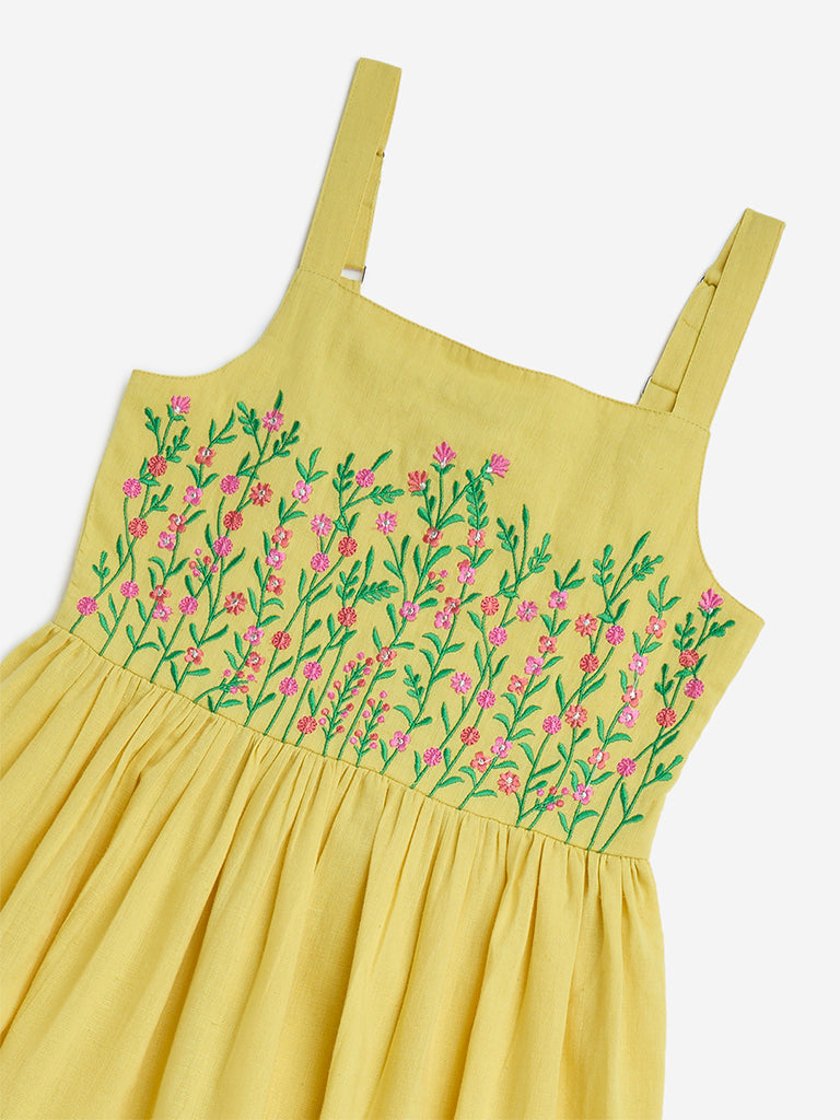 Utsa Kids Yellow Floral Embroidered Cotton-Blend Tiered Dress - (8-14yrs)