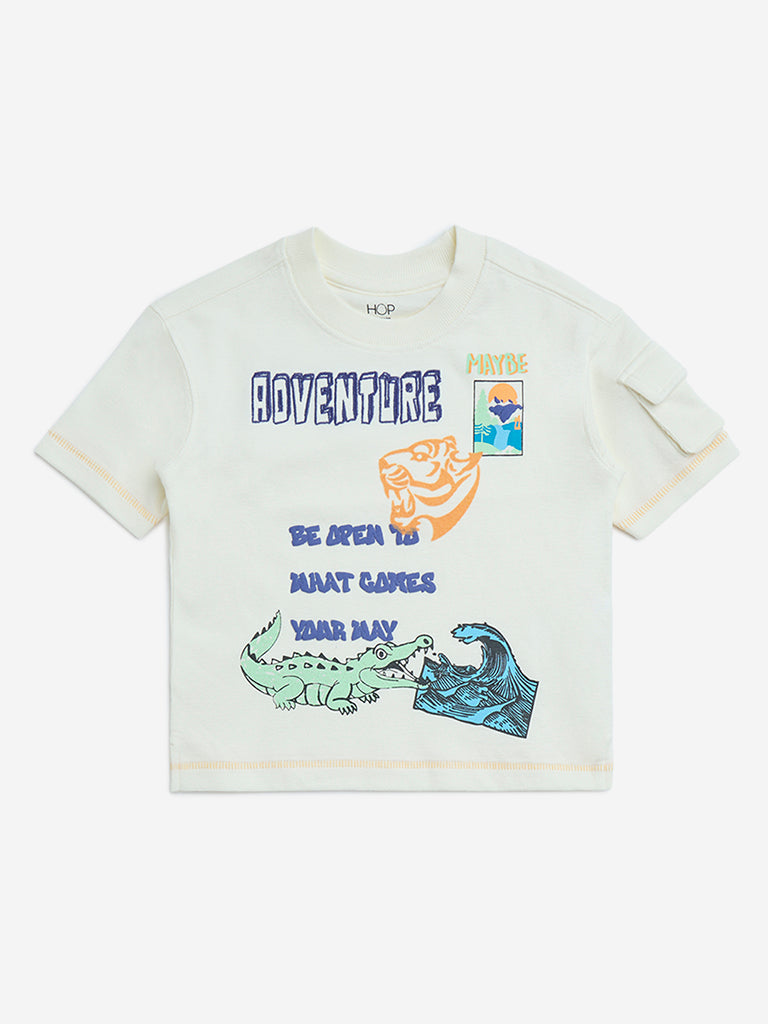 HOP Kids Off-White Text Pattern Cotton T-Shirt