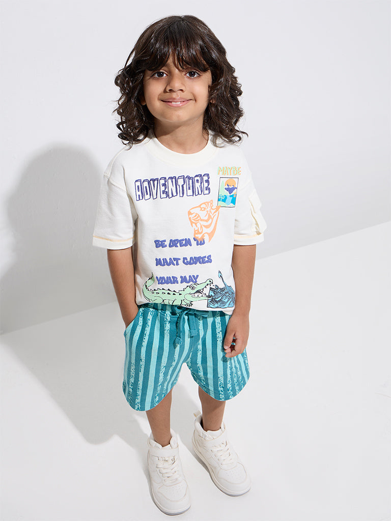 HOP Kids Off-White Text Pattern Cotton T-Shirt
