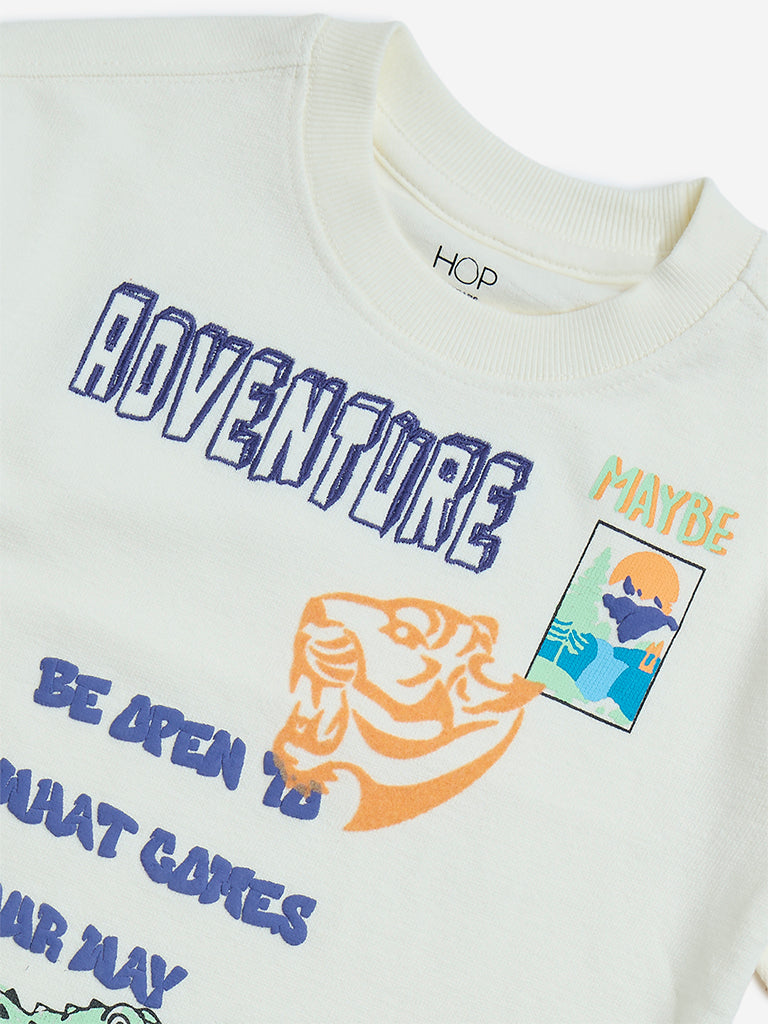 HOP Kids Off-White Text Pattern Cotton T-Shirt