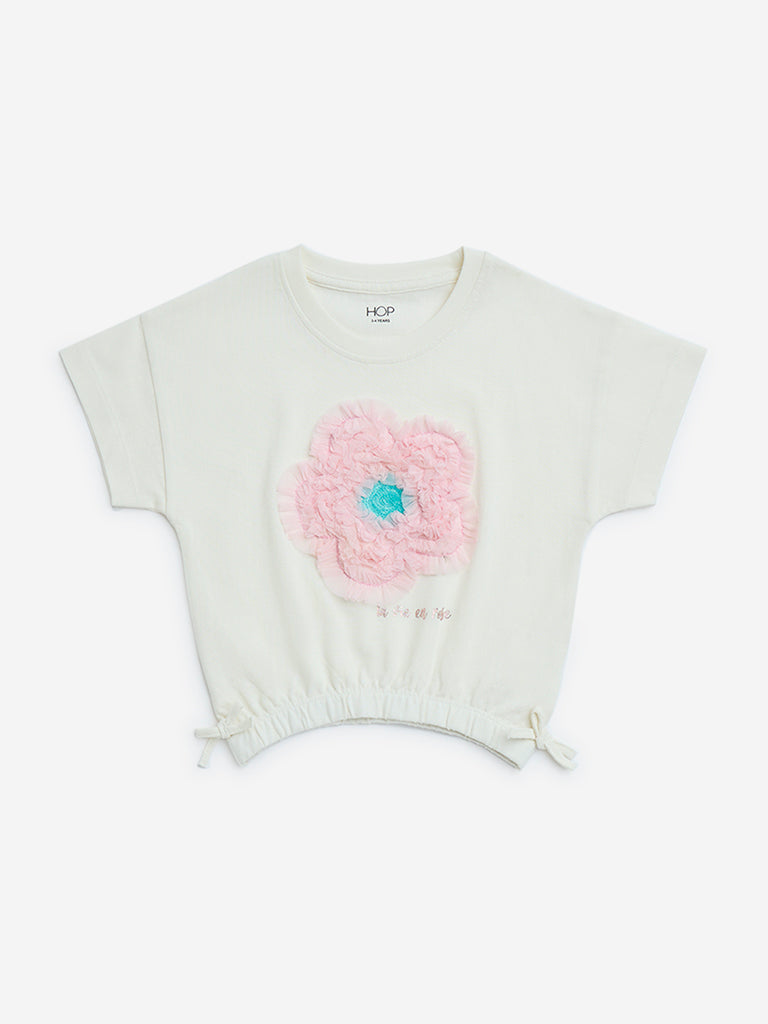 HOP Kids Off-White Floral Applique Detailed Cotton T-Shirt