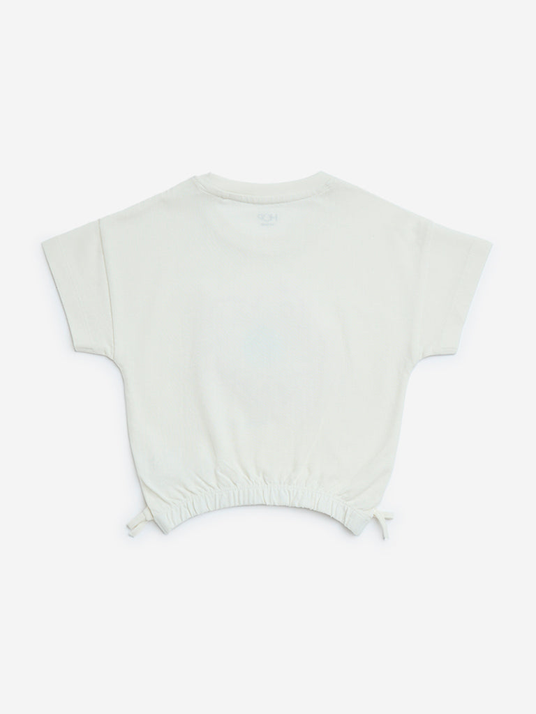 HOP Kids Off-White Floral Applique Detailed Cotton T-Shirt