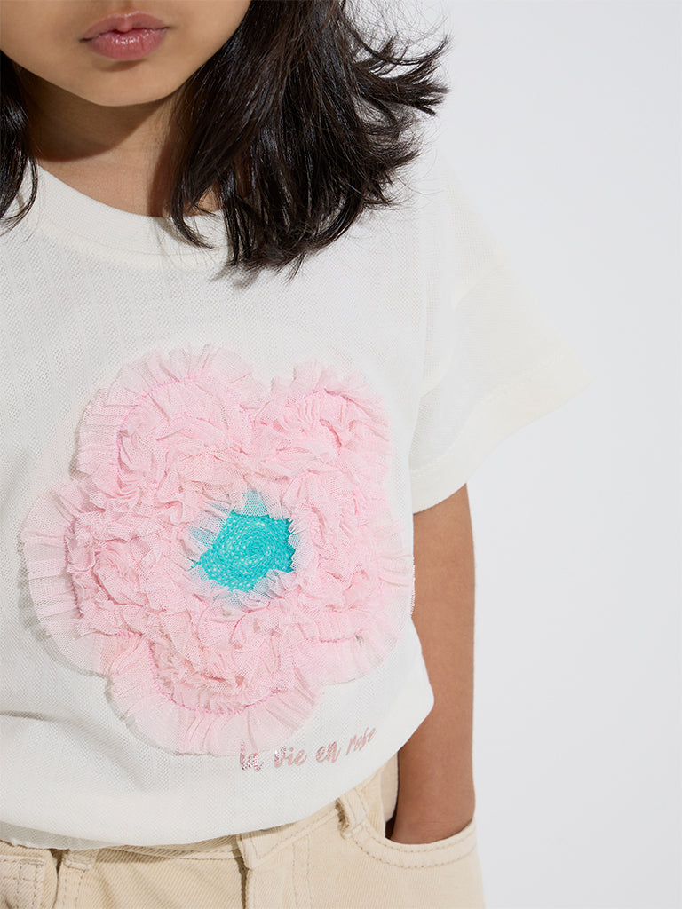 HOP Kids Off-White Floral Applique Detailed Cotton T-Shirt