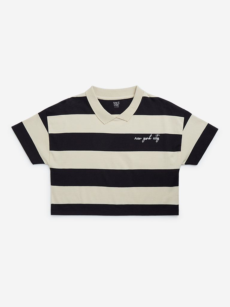 Y&F Kids Black Striped Cotton Polo T-Shirt