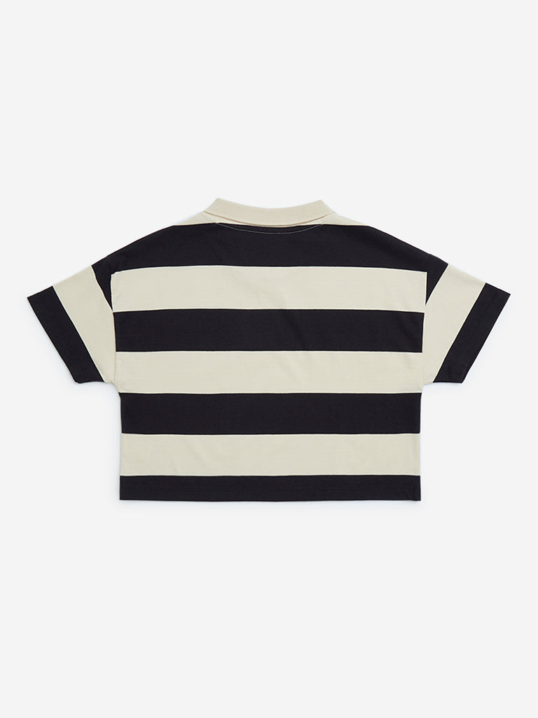 Y&F Kids Black Striped Cotton Polo T-Shirt