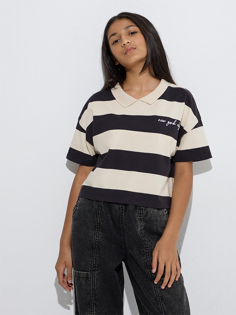 Y&F Kids Black Striped Cotton Polo T-Shirt