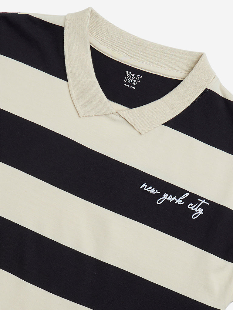 Y&F Kids Black Striped Cotton Polo T-Shirt