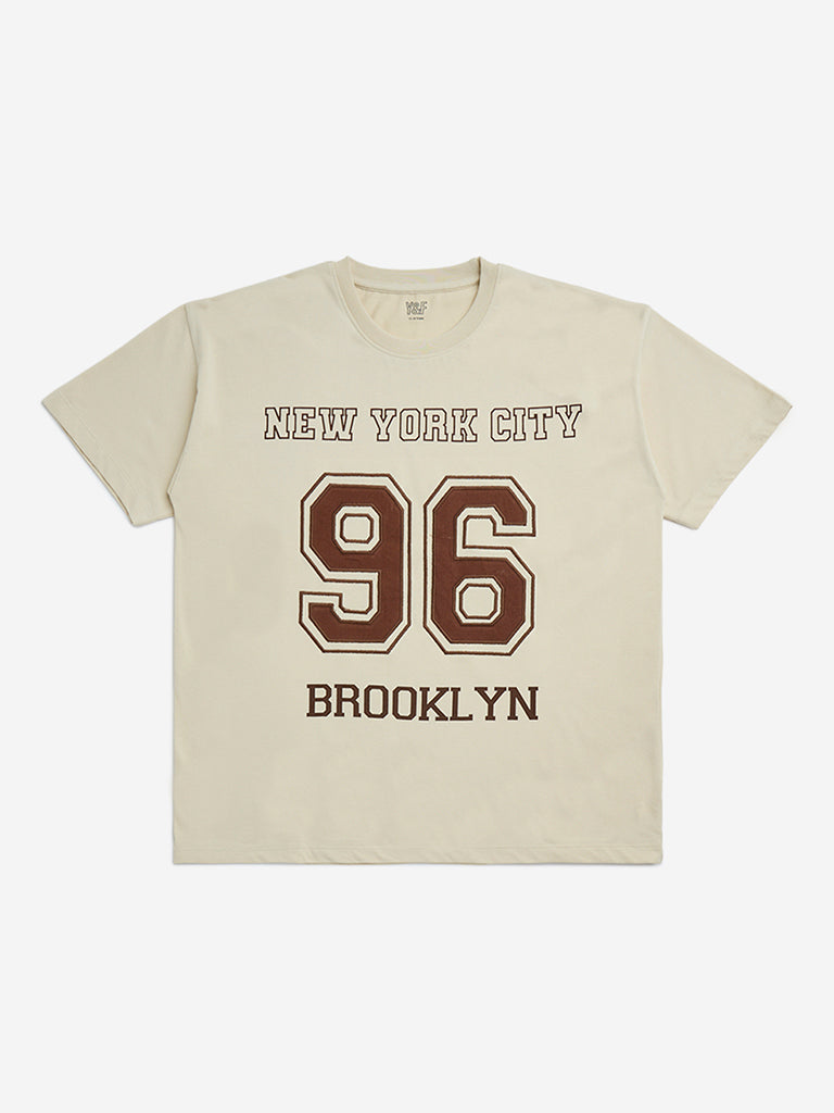 Y&F Kids Beige Text Design Cotton T-Shirt