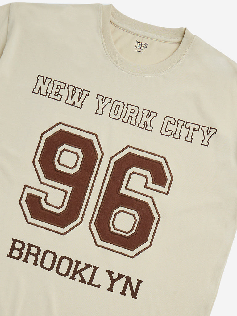 Y&F Kids Beige Text Design Cotton T-Shirt