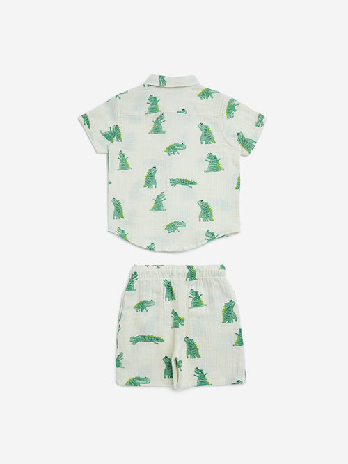 HOP Kids White Animal Design Cotton Shirt and Shorts Set