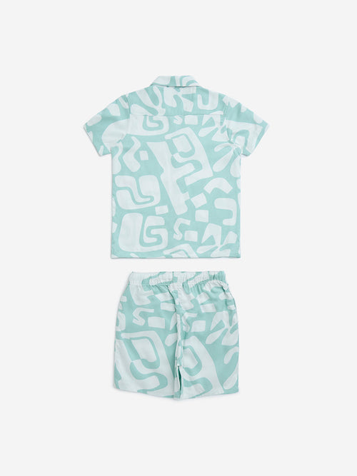 HOP Kids Teal Abstract Design Cotton Shirt and Shorts Set