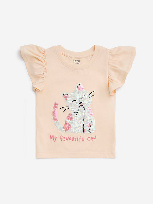 HOP Kids Light Orange Cat Embellished Cotton Top