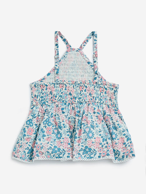HOP Kids Blue Floral Design A-Line Cotton Dress