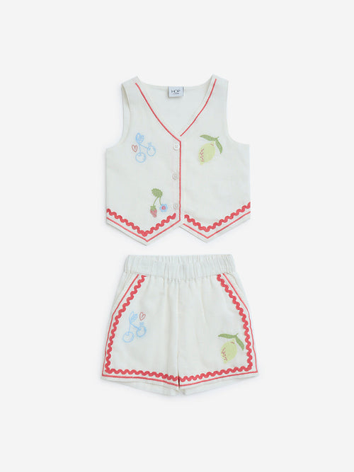 HOP Kids White Embroidered Cotton Waistcoat and Shorts Set