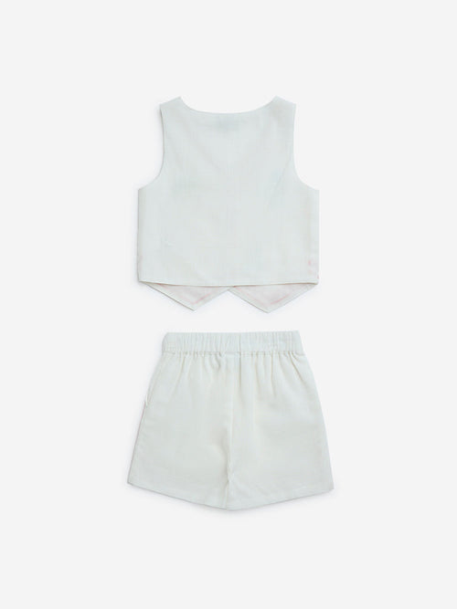 HOP Kids White Embroidered Cotton Waistcoat and Shorts Set