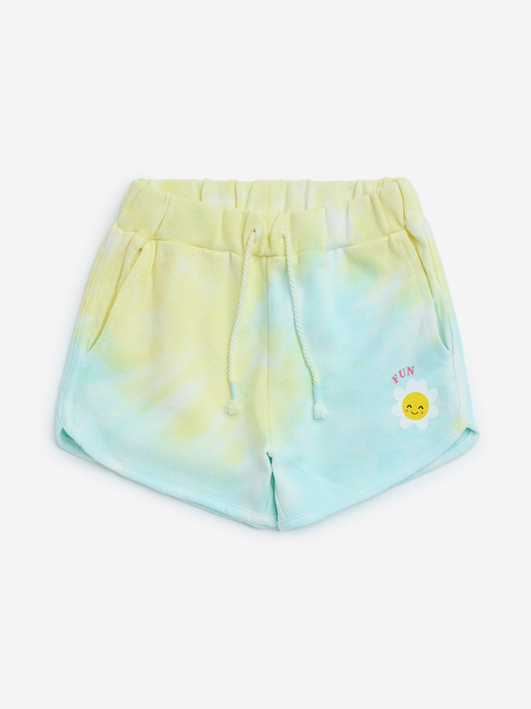 HOP Kids Yellow Tie-Dye Printed Mid-Rise Cotton Shorts