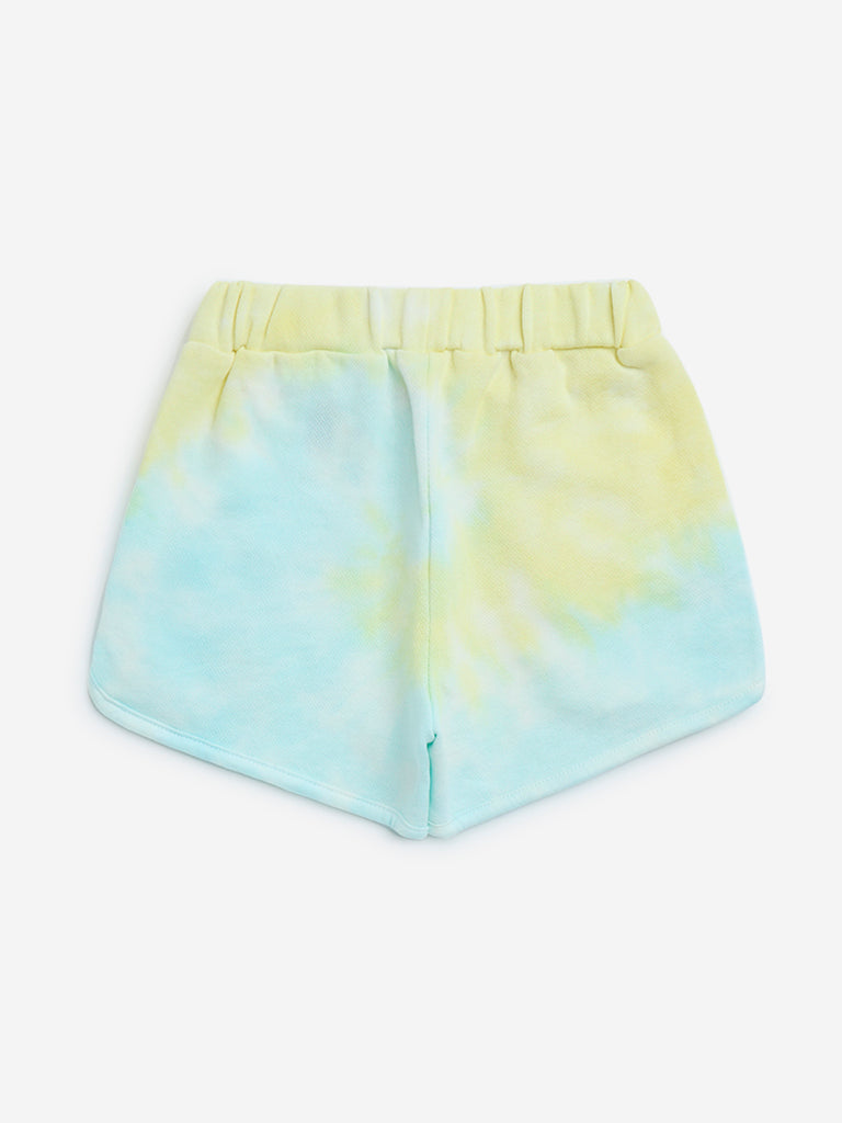HOP Kids Yellow Tie-Dye Printed Mid-Rise Cotton Shorts
