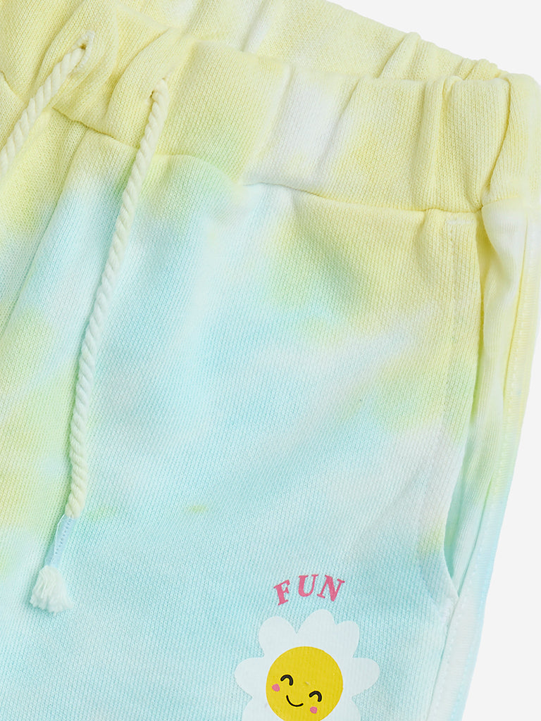 HOP Kids Yellow Tie-Dye Printed Mid-Rise Cotton Shorts