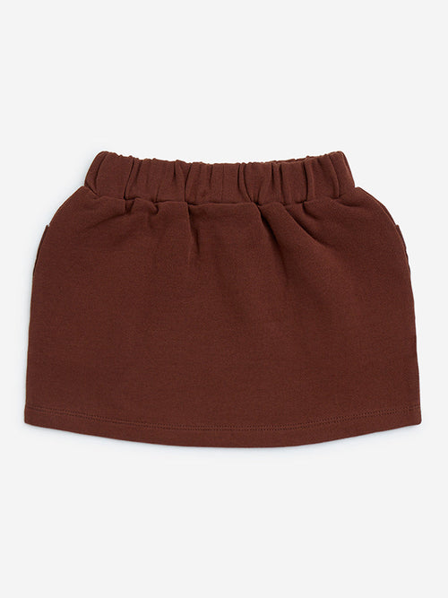 HOP Kids Dark Brown Solid High-Rise Cotton Skirt