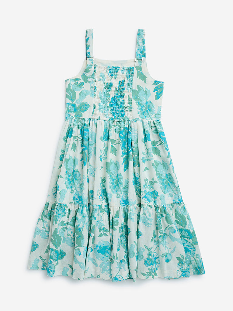Utsa Kids Aqua Floral Pattern Cotton-Blend Tiered Dress - (8-14yrs)