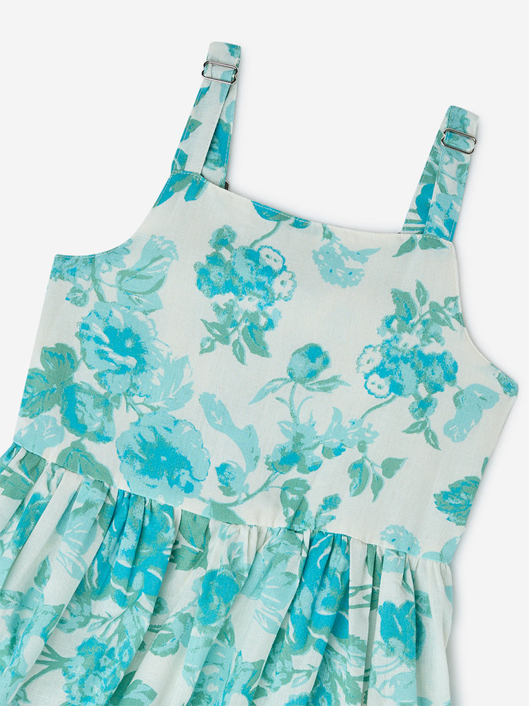 Utsa Kids Aqua Floral Pattern Cotton-Blend Tiered Dress - (8-14yrs)