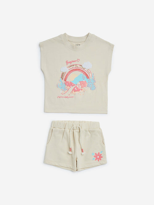 HOP Kids Beige Embellished Cotton T-Shirt with Shorts Set