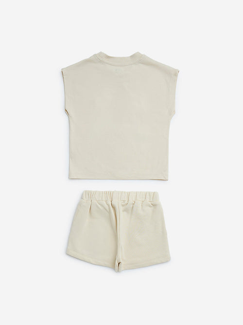 HOP Kids Beige Embellished Cotton T-Shirt with Shorts Set