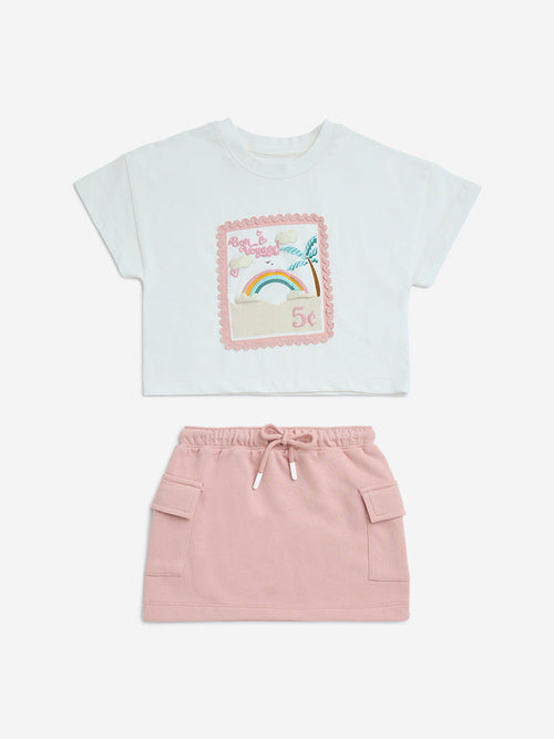 HOP Kids White Printed Cotton T-Shirt and Skirt Set