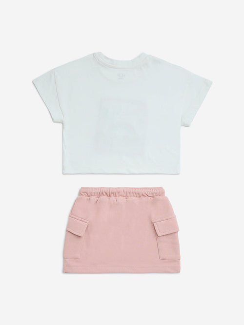 HOP Kids White Printed Cotton T-Shirt and Skirt Set