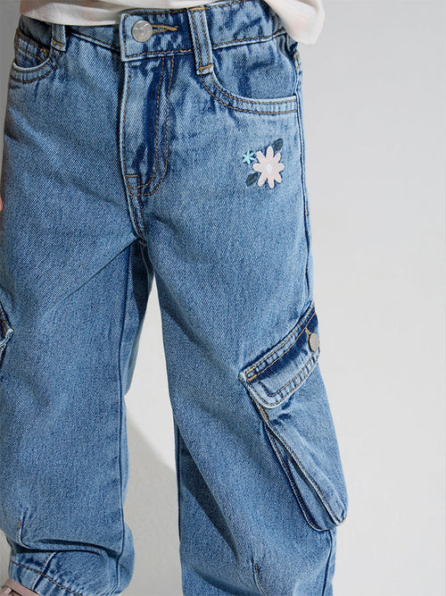 HOP Kids Blue Cargo-Style Straight Fit Mid-Rise Jeans
